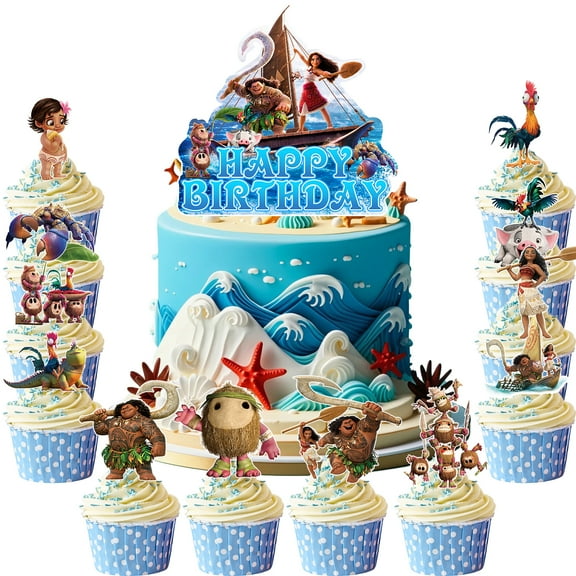 Moana Cake Topper Party Supplies, 25 Pcs Moana Cake Toppers Set - 1 Large Moana Birthday Cake Topper and 24 Moana Cupcake Toppers for Boys/Girls Kids Moana Birthday Decoration Supplies