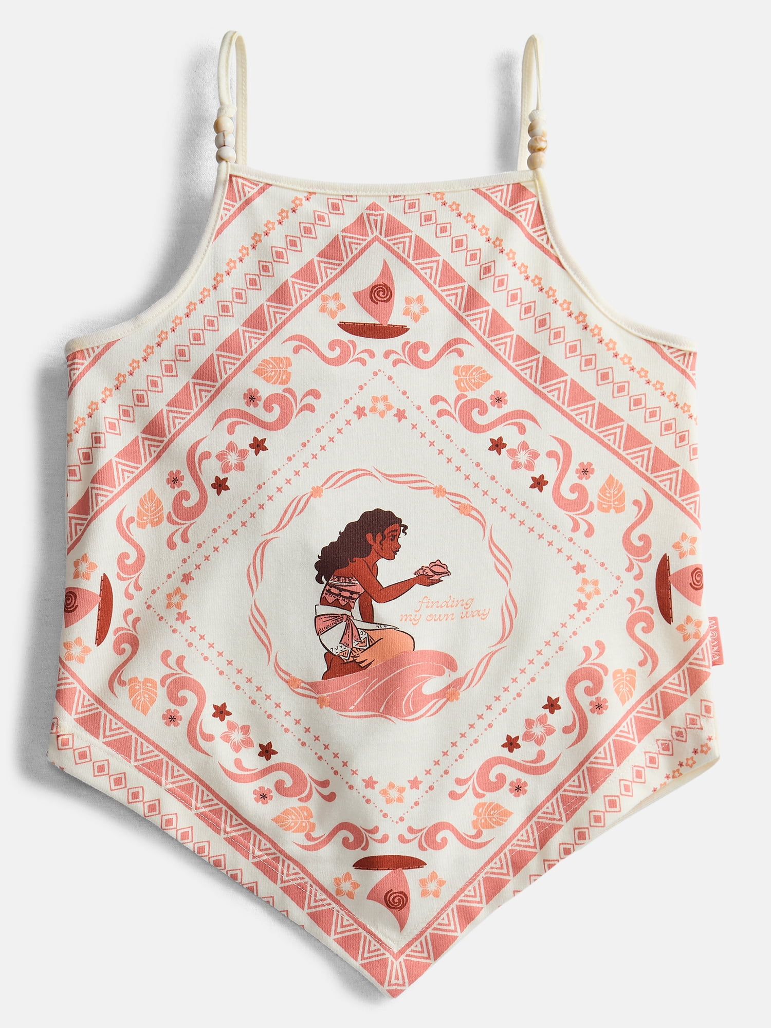 Disney Moana Girl's Graphic Handkerchief Hem Tank Top with Wooden Bead Embellishments, Sizes 4-16
