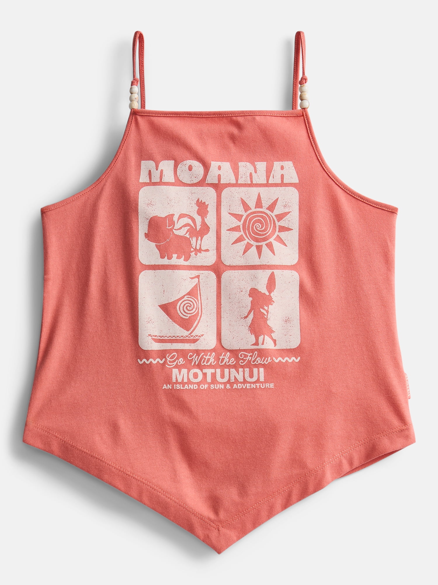 Disney Moana Girl's Graphic Handkerchief Hem Tank Top with Wooden Bead Embellishments, Sizes 4-16