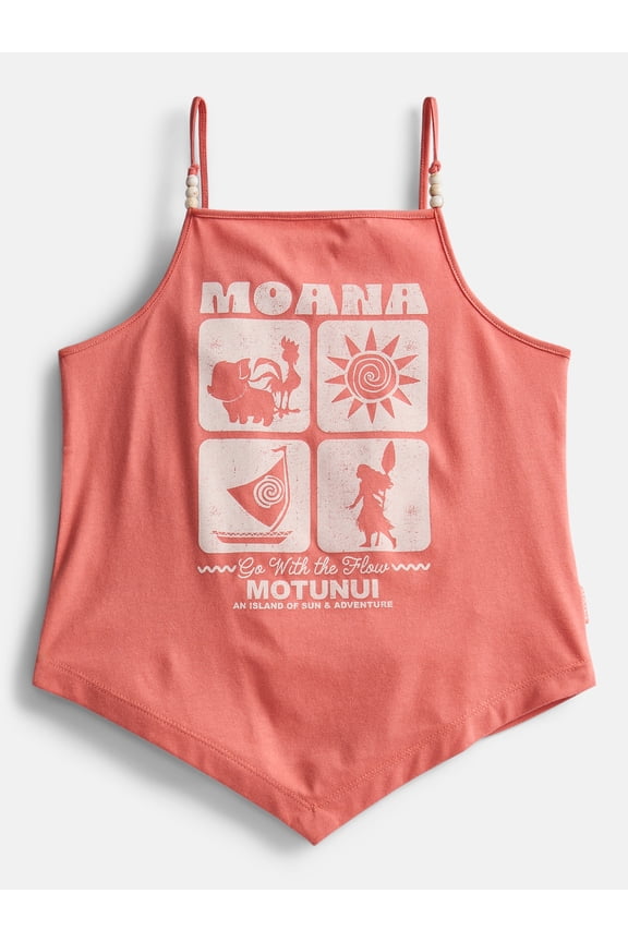 Disney Moana Girl's Graphic Handkerchief Hem Tank Top with Wooden Bead Embellishments, Sizes 4-16