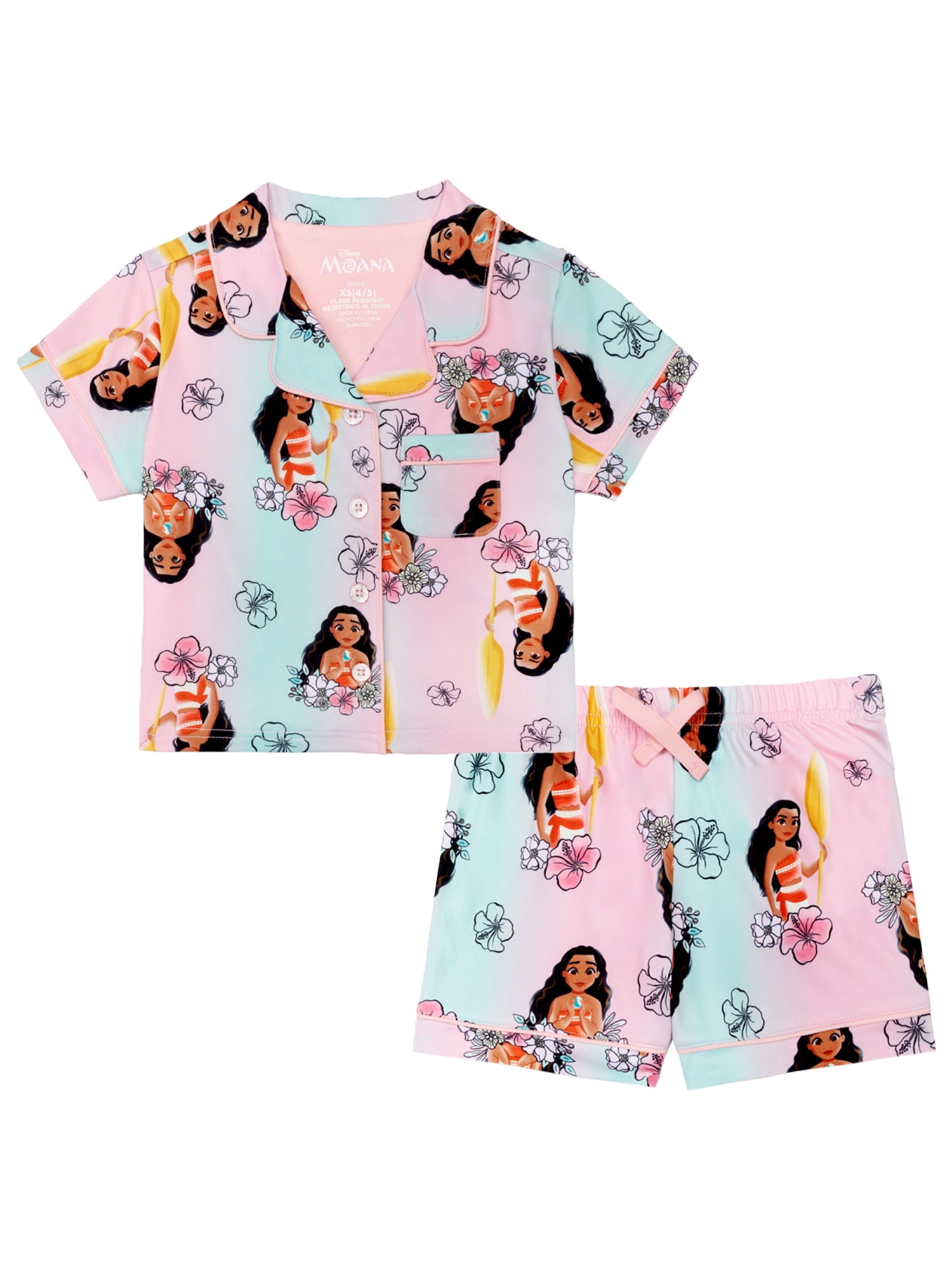 Moana Girls Button Front Top and Shorts Pajama Set, 2-Piece, Sizes 4-12