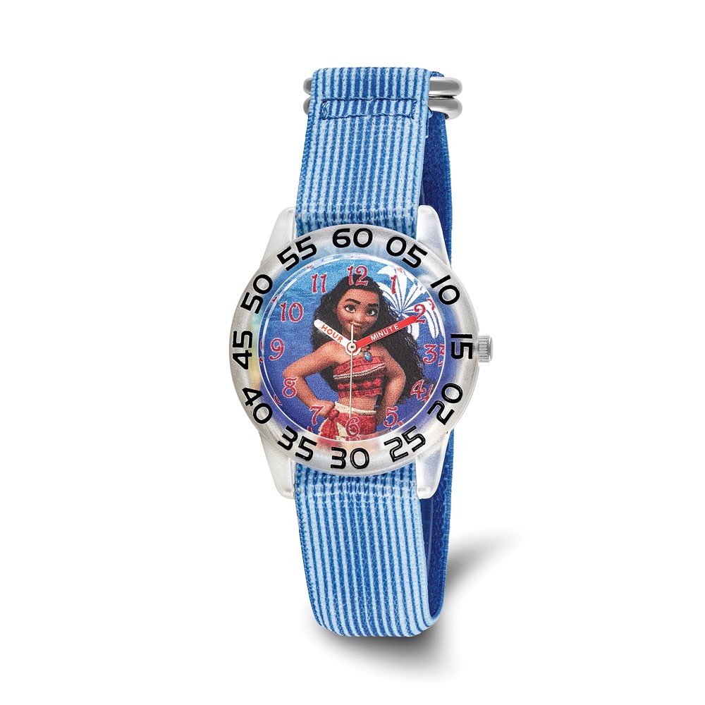 Moana Girls' Clear Plastic Time Teacher Watch, Blue Stripe Stretchy Nylon Strap - image 1 of 6