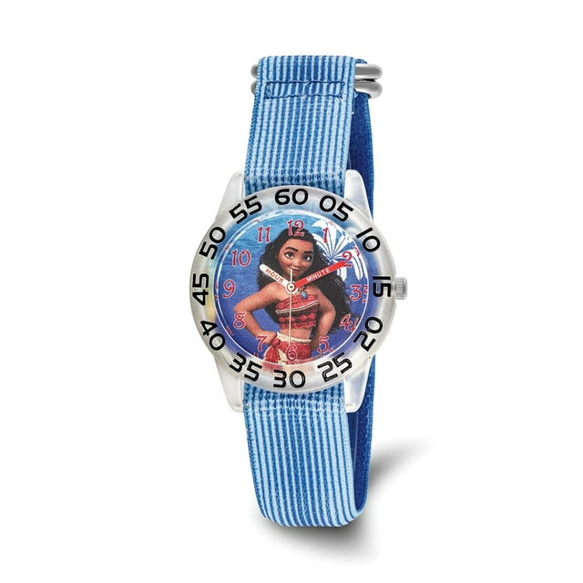 Moana Girls' Clear Plastic Time Teacher Watch, Blue Stripe Stretchy Nylon Strap