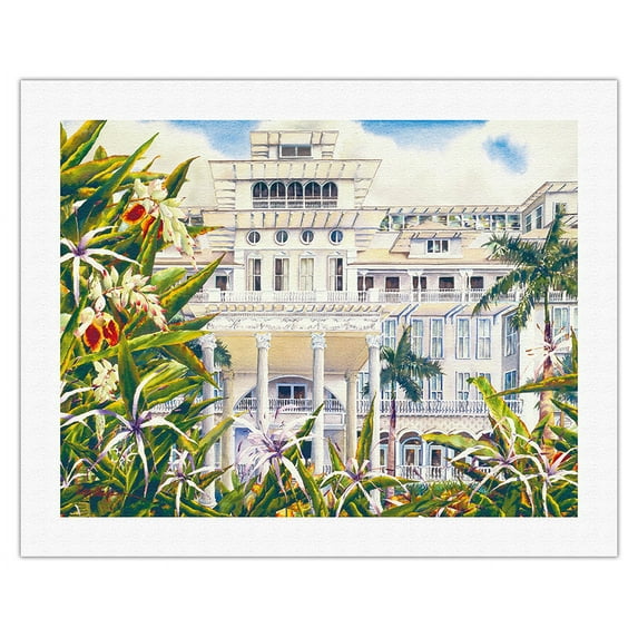 The Moana - Historic Hawaiian Hotel - Waikiki Beach Honolulu - From an Original Hawaii Watercolor Painting by Peggy Chun - Fine Art Rolled Canvas Print 20in x 26in