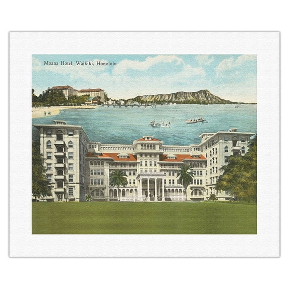 Moana Hotel - Waikiki Honolulu - Hawaii - Vintage Hawaiian Hand-Colored Postcard by Hawaii & South Seas Curio c.1910s - Fine Art Rolled Canvas Print (Unframed) 16in x 20in