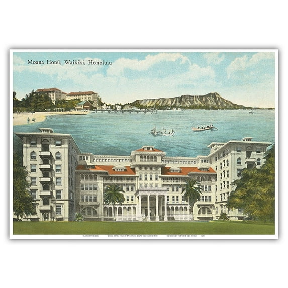 Moana Hotel - Waikiki Honolulu - Hawaii - Vintage Hawaiian Hand-Colored Postcard by Hawaii & South Seas Curio c.1910s - Master Art Print 10in x 14in