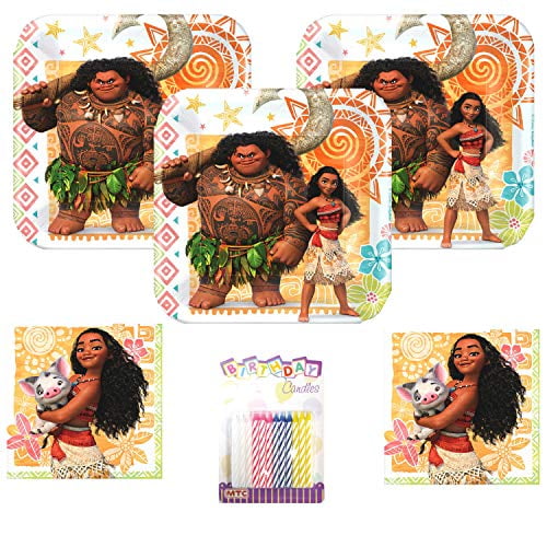 LLILYKAI VALUE BUNDLES Moana Maui Party Supplies Party Supplies Pack Serves 16: 7" Plates and Beverage Napkins with Birthday Candles (Bundle for 16)