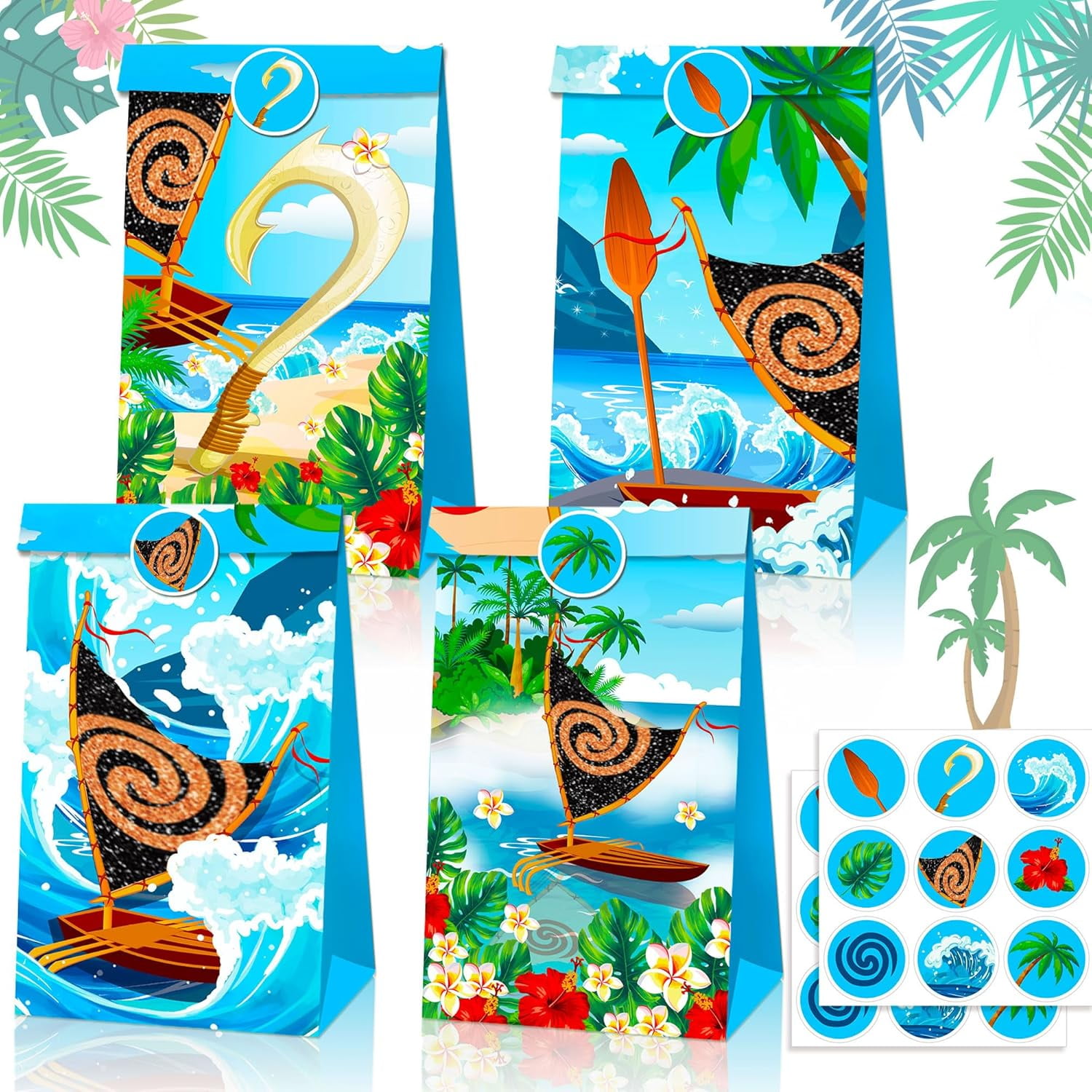 Moana Nautical Gift Bag of 12 - Reversible Sailing Boat/Palm Island Design Tropical Ocean Theme Party Souvenir Gift Bag Set