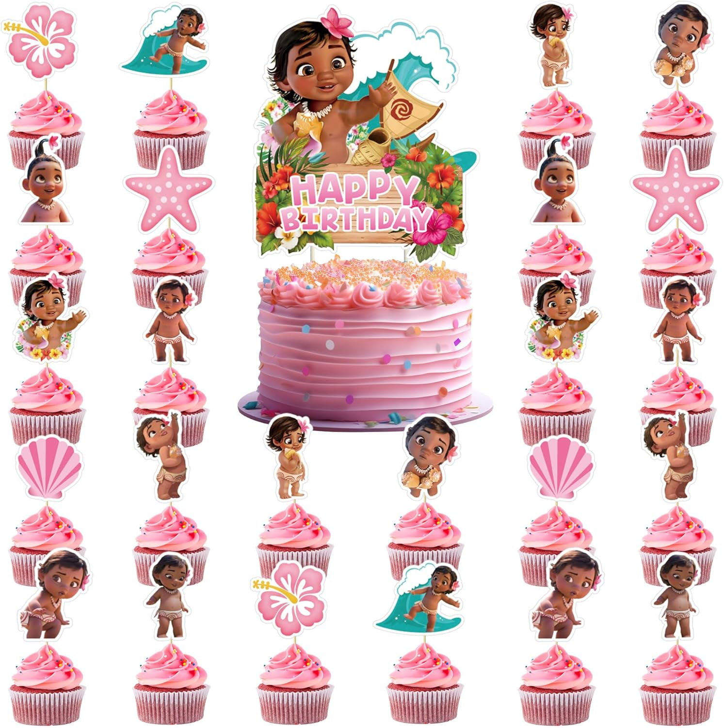 Moana Party Decorations, Moana Cake Decorations with 2pcs Cake Topper, 48pcs Cupcake Toppers, Happy Birthday Party Supplies Theme Party Decor Favor