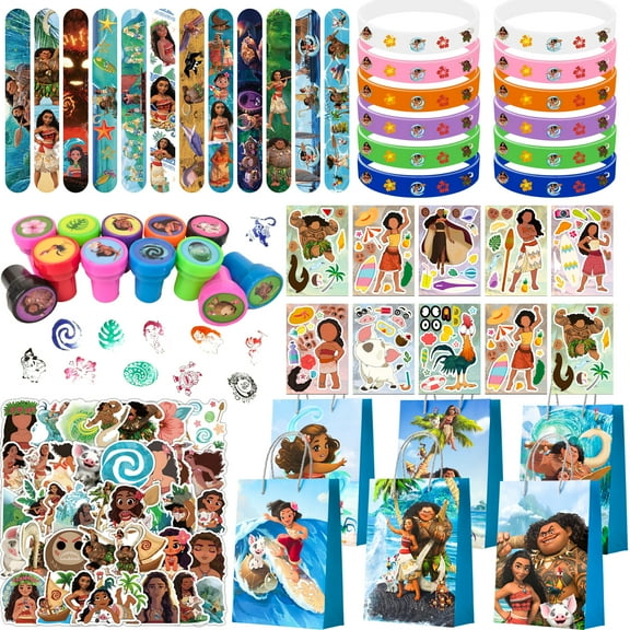 Moana Party Favors,110 Pcs All-in-One Moana Birthday Party Favors Set Including Moana Party Favor Bags Stamper Stickers etc Moana Party Favors for Moana Party Decorations Supplies