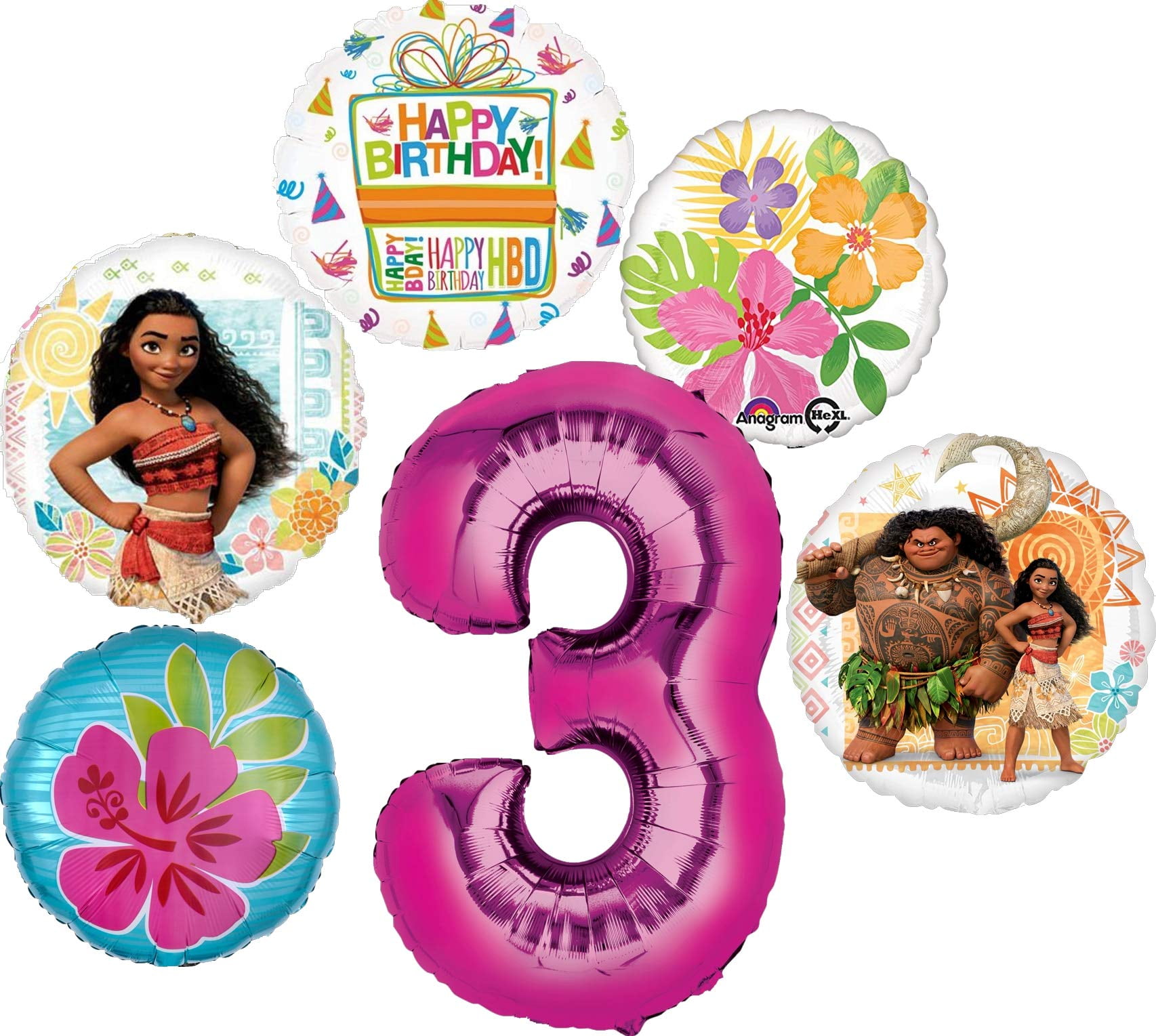 MAYFLOWER PRODUCTS Moana Party Supplies 3rd Birthday Balloon Bouquet Decorations - Pink Number 3