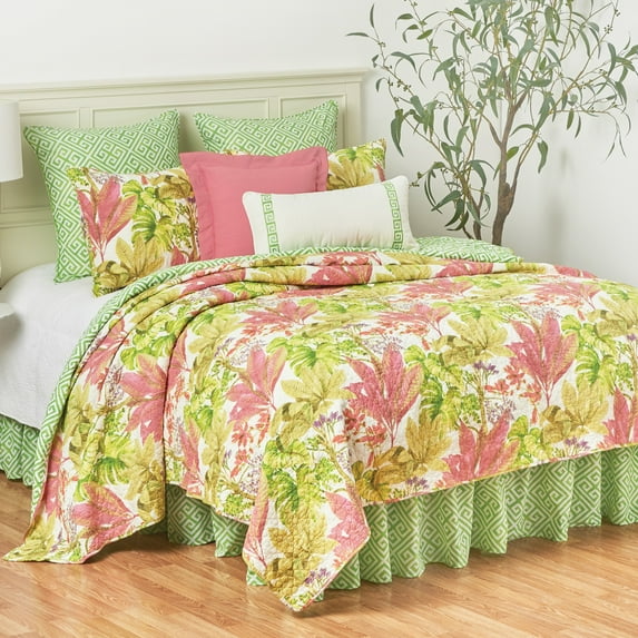 Moana Pink Green Floral Full/Queen 3 Piece Quilt Set