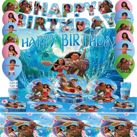 Moana Theme Party Decorations Tableware Set , 125PCS Moana Birthday Plates and Cups Napkins Tablecloth Moana Birthday Decorations Tableware