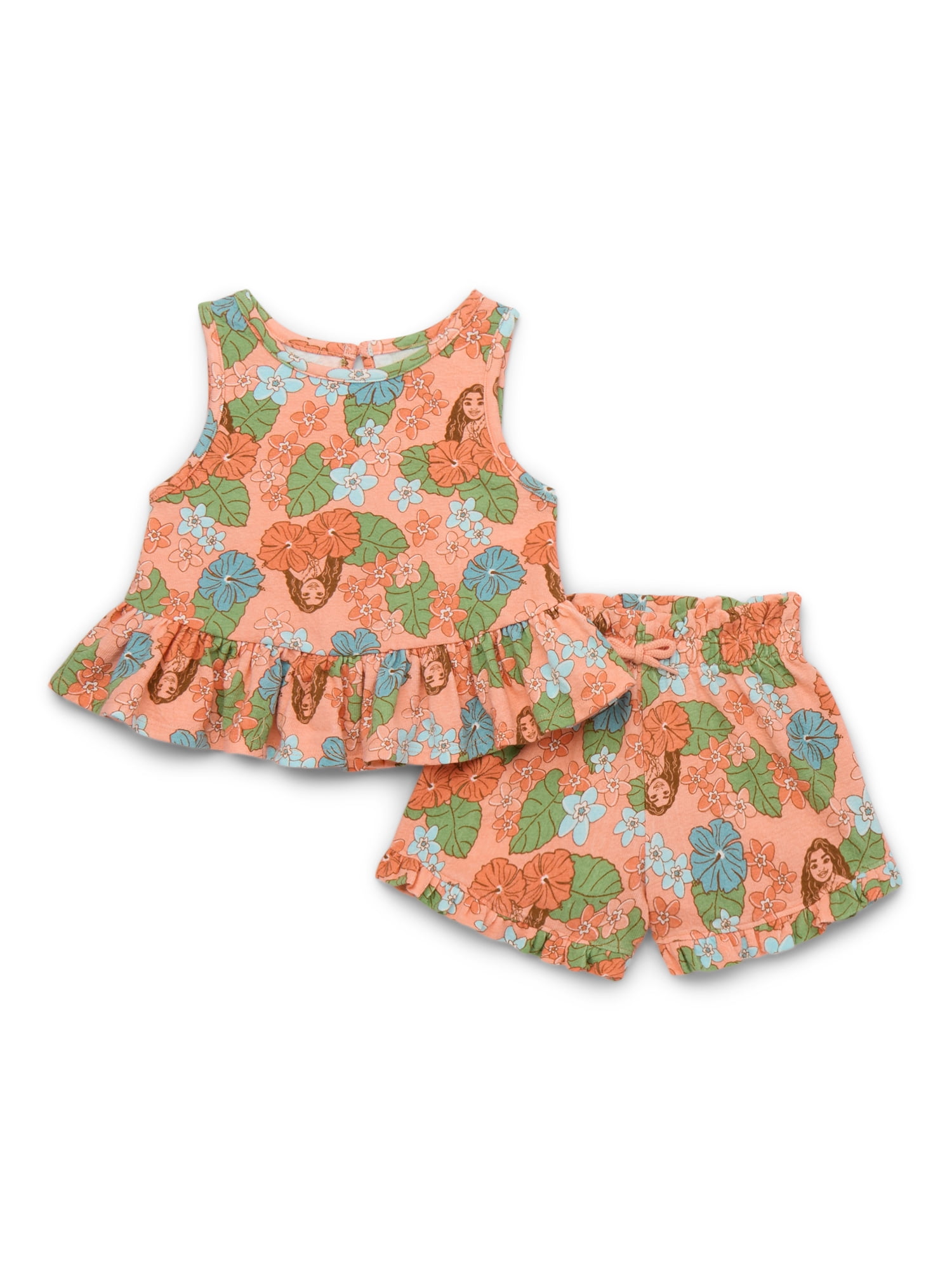 Moana Toddler Girls Ruffle Graphic Tank Top and Shorts with Pom Pom Trim, 2-Piece Set, Sizes 12M-5T