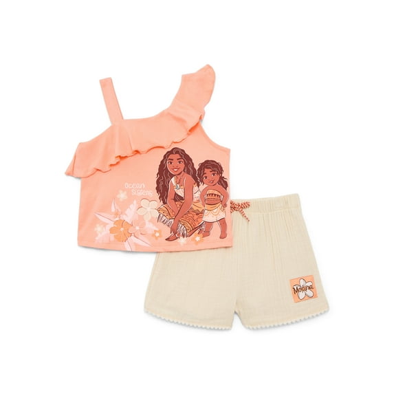 Moana Toddler Girls Ruffle Graphic Tank Top and Shorts with Pom Pom Trim, 2-Piece Set, Sizes 12M-5T