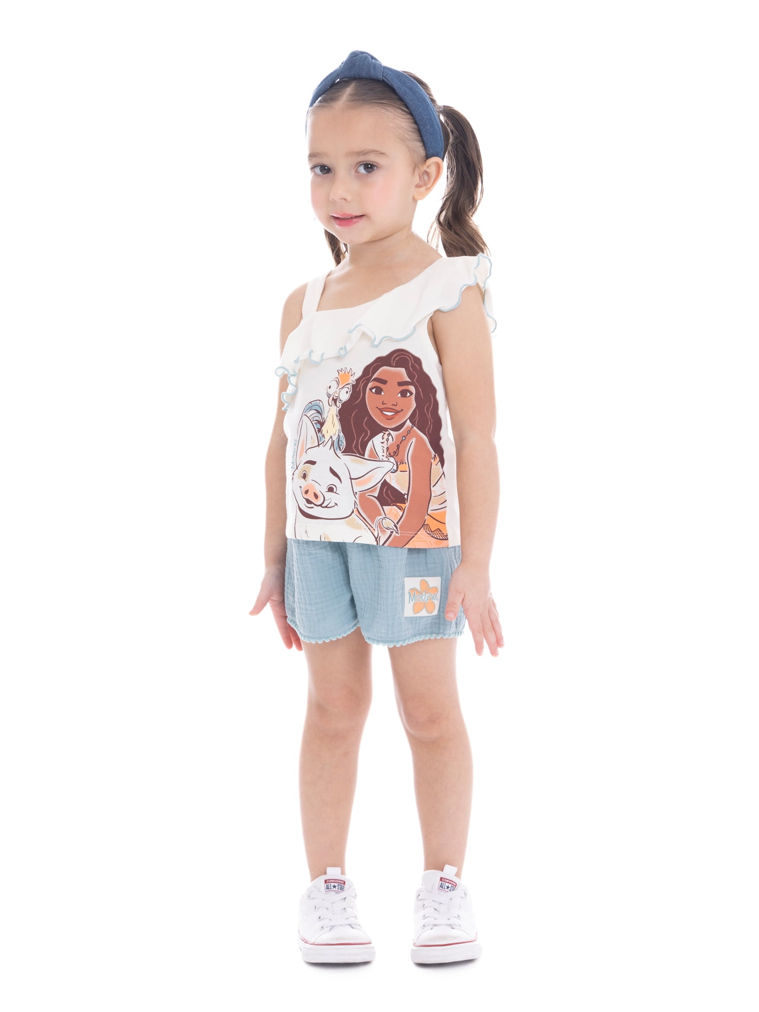 Moana Toddler Girls Ruffle Graphic Tank Top and Shorts with Pom Pom Trim, 2-Piece Set, Sizes 12M-5T