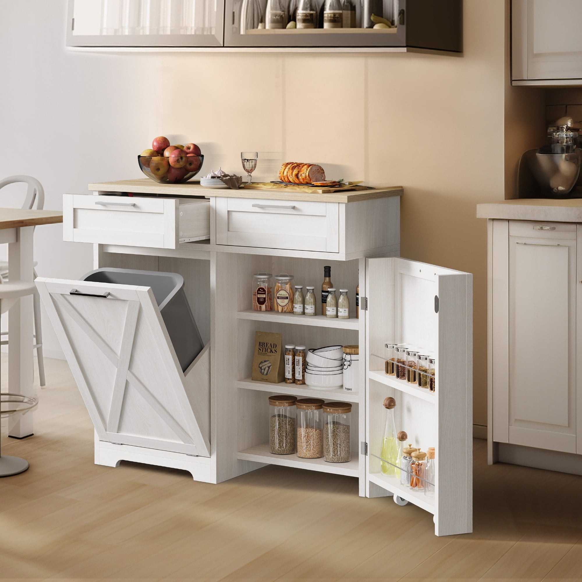White Wood Tilt-Out Trash Bin Cabinet with Storage Drawers