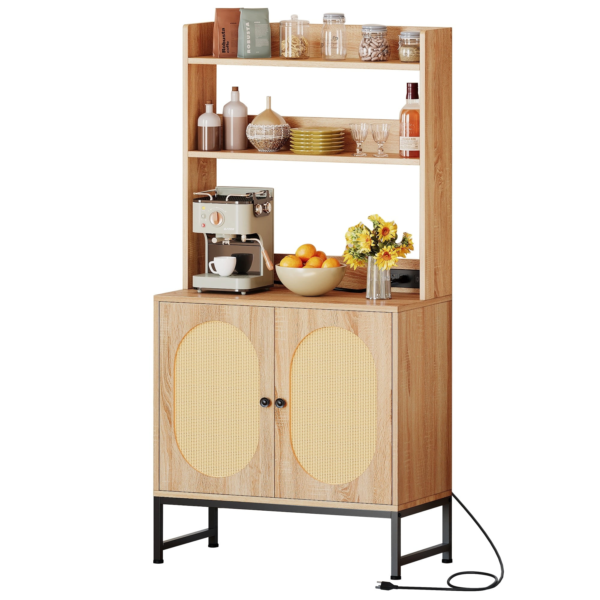 Oak and Rattan 2-Door Baker's Rack with Power Outlets