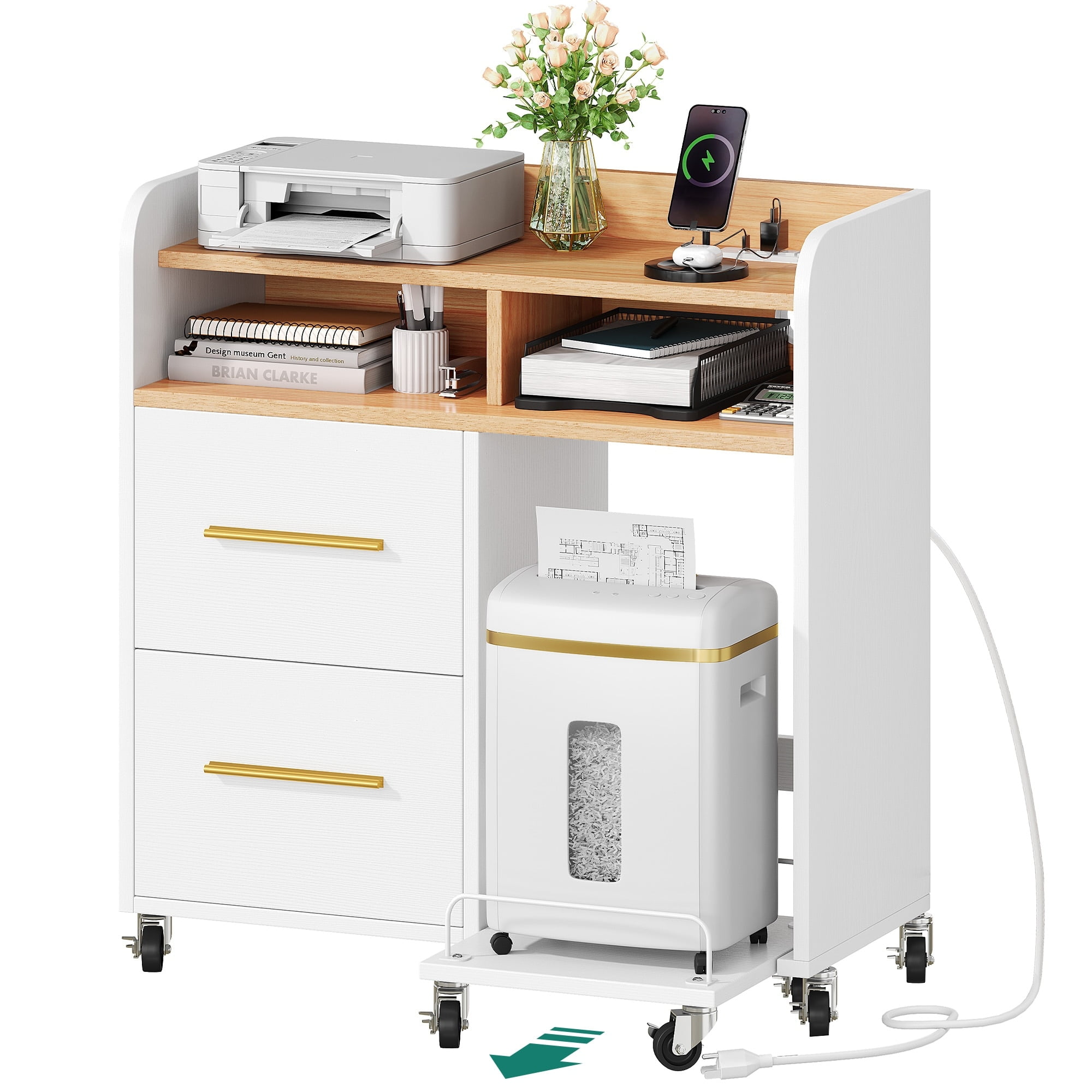 White and Light Brown Rolling File Cabinet with Printer Stand