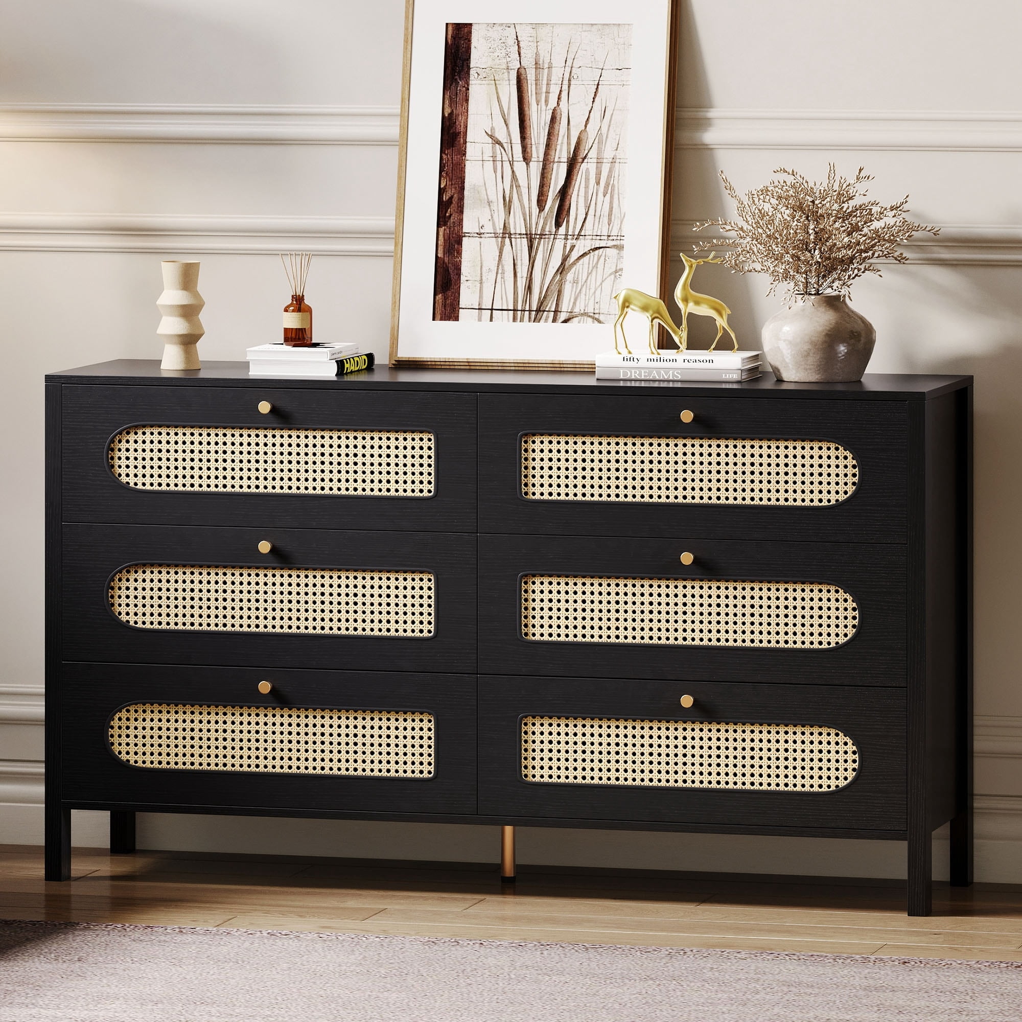 Moasis 3-6-Drawer Dresser Storage Cabinet Rattan Wood Closet Black - 6 ...