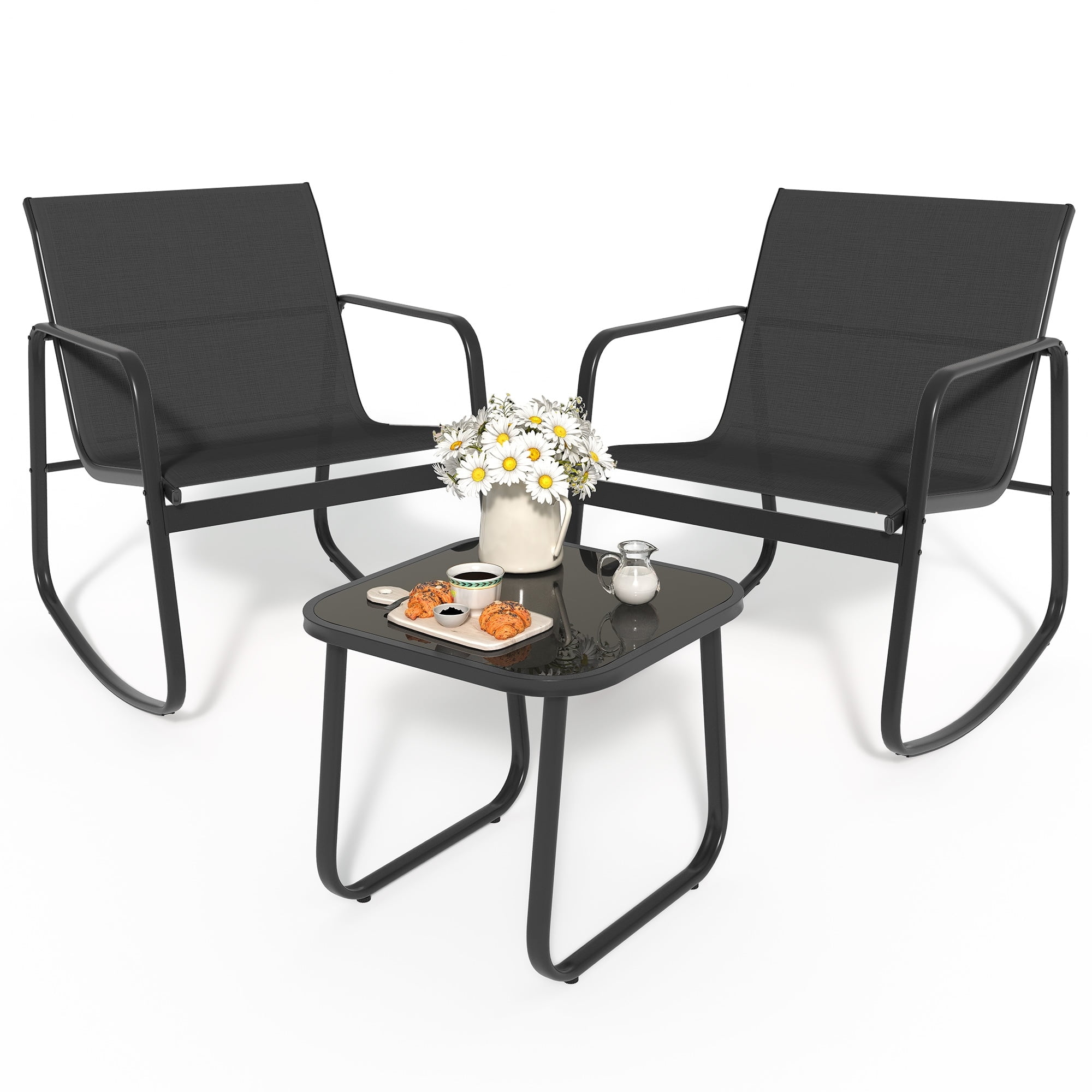 Black Textilene Fabric Rocking Patio Bistro Set with Glass Table