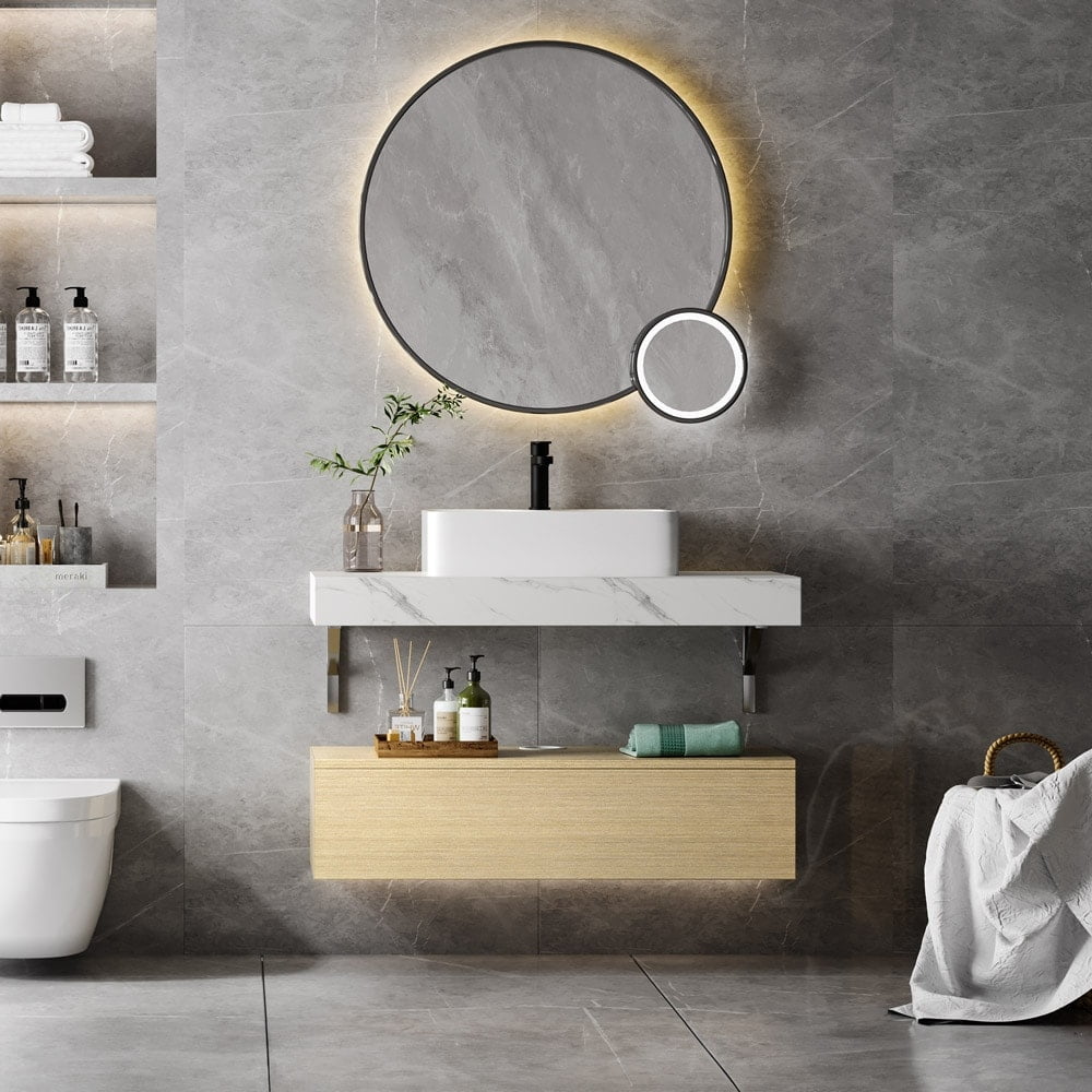 Moasis 39.4" Natural Wood Wall Mounted Single Vanity with Ceramic Basin