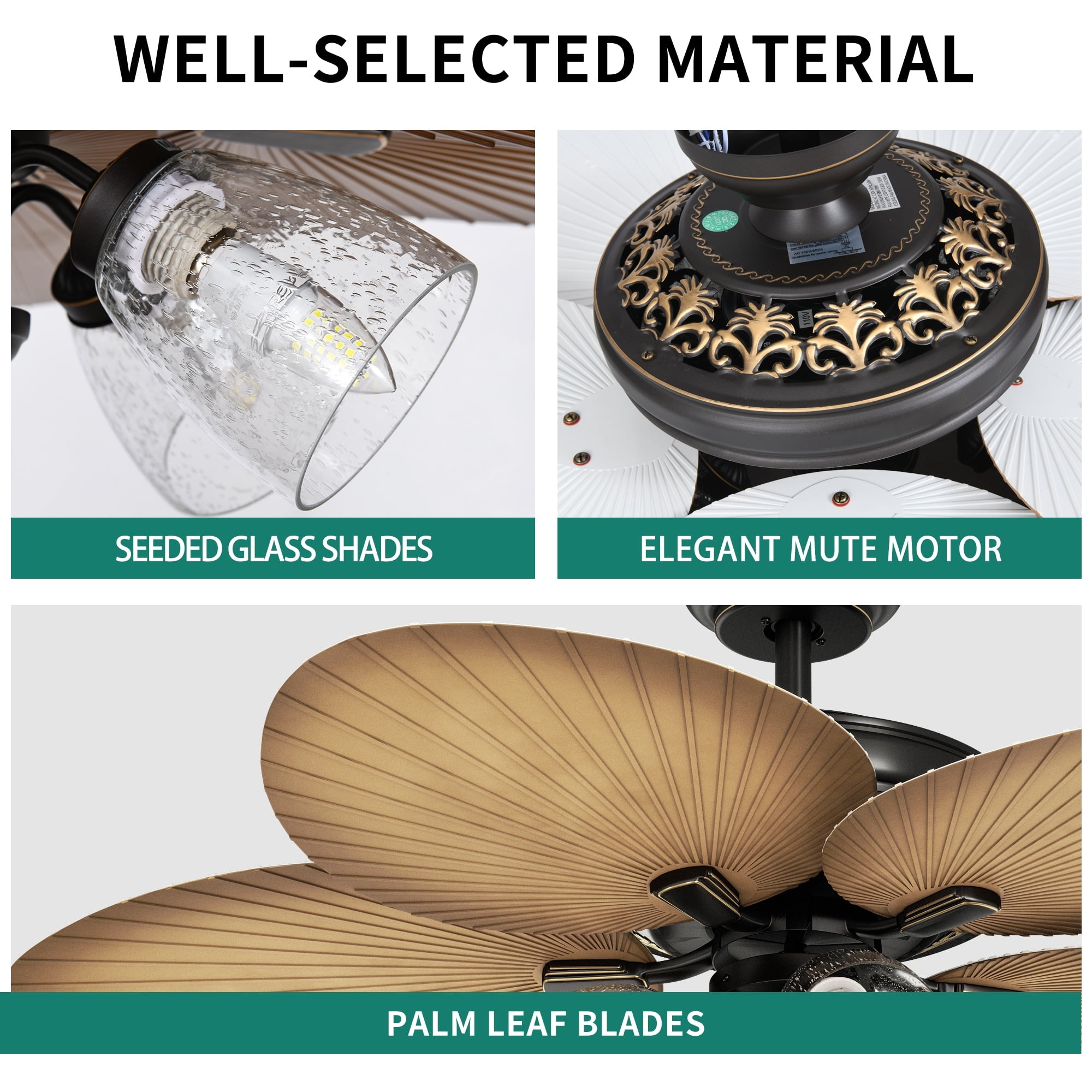 52-Inch Light Brown Palm Leaf Ceiling Fan with Seeded Glass Light and Remote