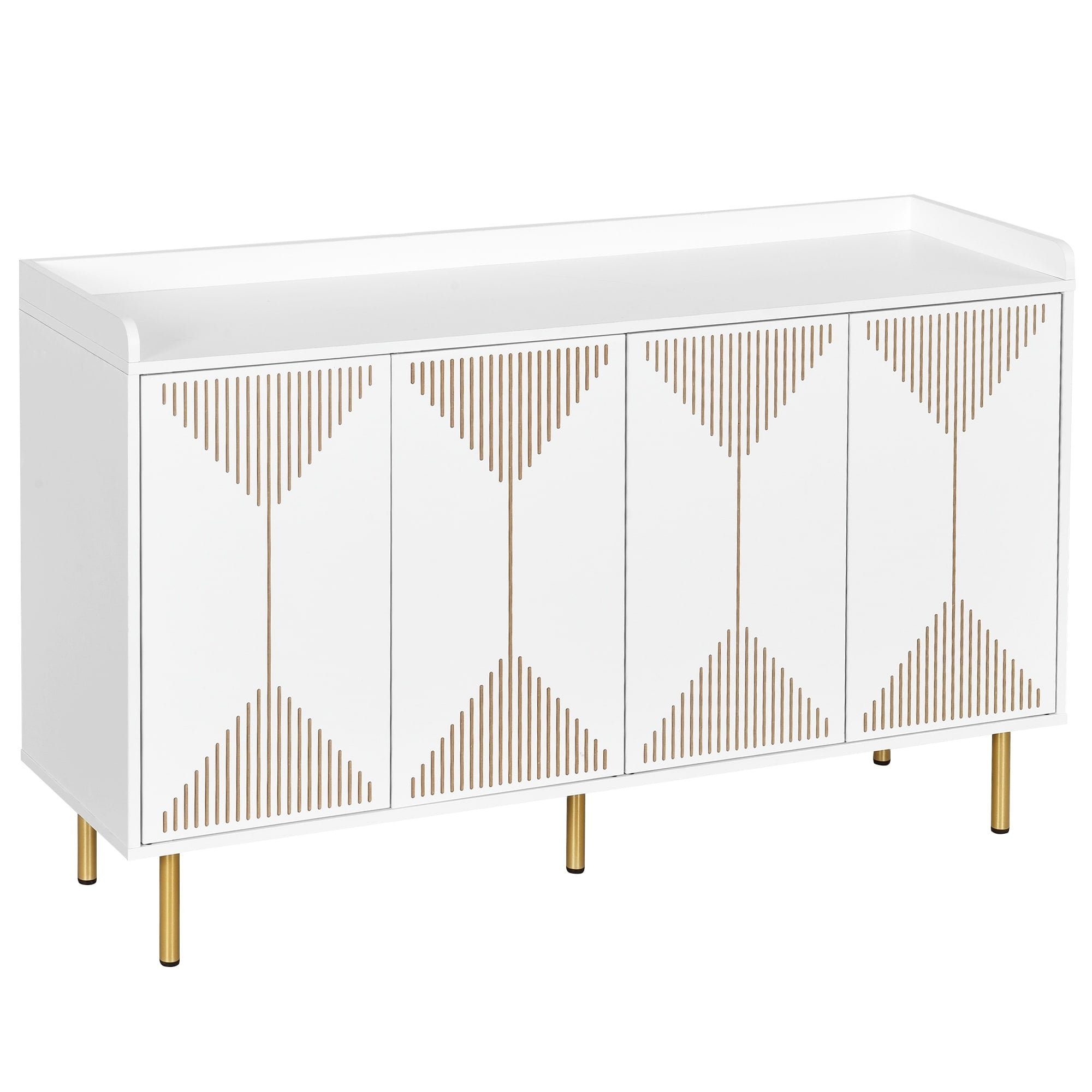 White and Gold 55" Modern MDF Buffet Cabinet with Carved Doors