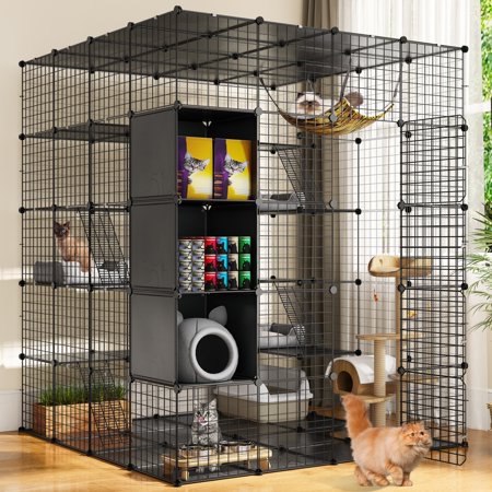Moasis Large Cat Cage with Storage Cube DIY Indoor Catio Metal Cat Playpen with Hammock Platforms for 1-4 Cats 5 Tiers Cat Kennel