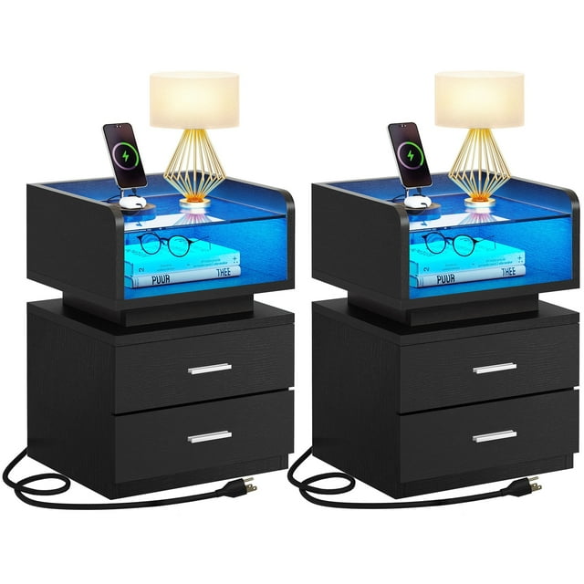 Moasis  Set of 2 LED 2 Drawers Nightstand with Charging Station Bedside Tables with Glass Top Black