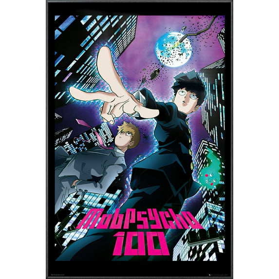 Mob Psycho 100 - Framed Anime / Manga TV Show Poster (Reigen & Shigeo / City) (Size: 25" X 37") (Metallic Anthracite Plastic Frame)