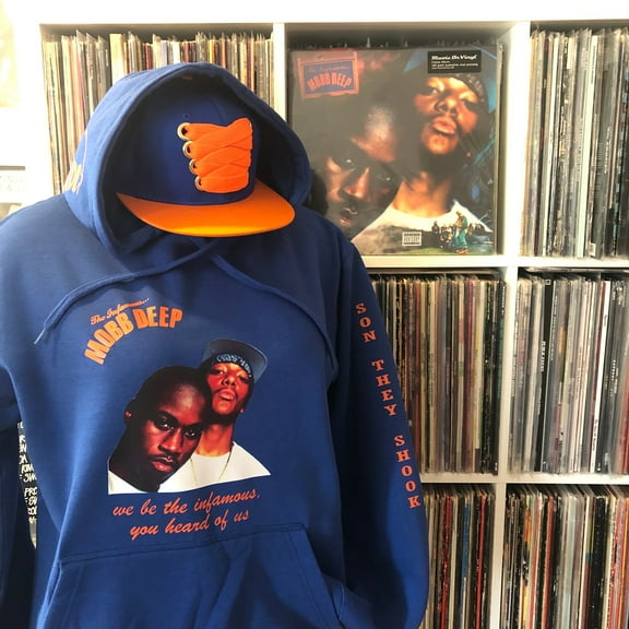 Mobb Deep hoodie. Blue “The Infamous” hoodie with orange logo and graphics. 90s hip-hop. Shook Ones