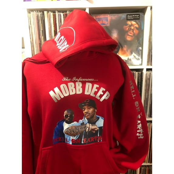 Mobb Deep hoodie. Red Hell On Earth hoodie with silver logo and graphics. 90s hip-hop. Shook Ones