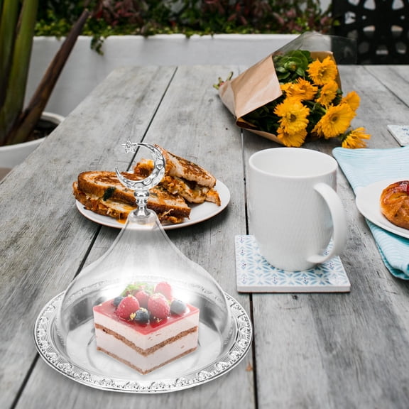 Mobestech 1Pc Elegant Silver Dessert Storage Plate with Acrylic Cover for Food Protection