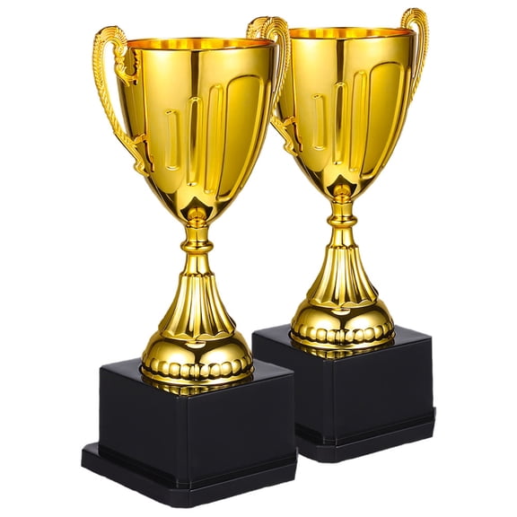 Mobestech 2Pcs Small Plastic Plated Gold Trophy Awards with Sturdy Black Base for Sports and Party Celebrations