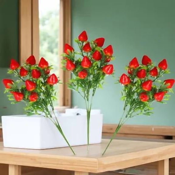 Mobestech Fake Red PVC Strawberry Branches, Vivid and Realistic, Perfect for DIY, 3Pcs