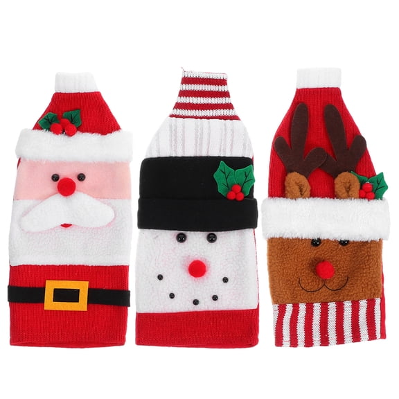 Mobestech Festive Knitted Wine Bottle Covers Snowman Santa Design Holiday Decor 3Pcs