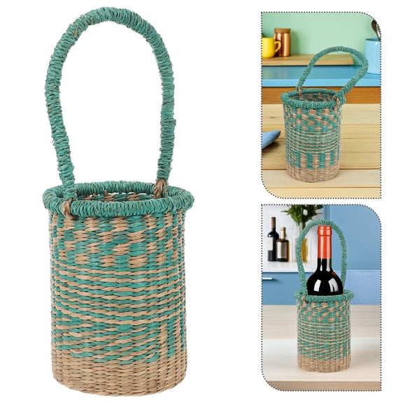 Mobestech Handwoven Seagrass Storage Basket with Handles Blue Cylinder for Wine Bottle Organization and Home Decor