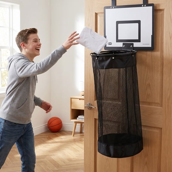 Mobestech Hanging Basketball Hoop Laundry Hamper with Zipper for Space Saving Door Storage