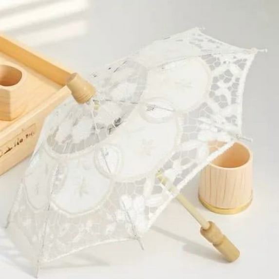 Mobestech Versatile Beige Embroidery Parasol for Bridal Costume and Wedding Photography