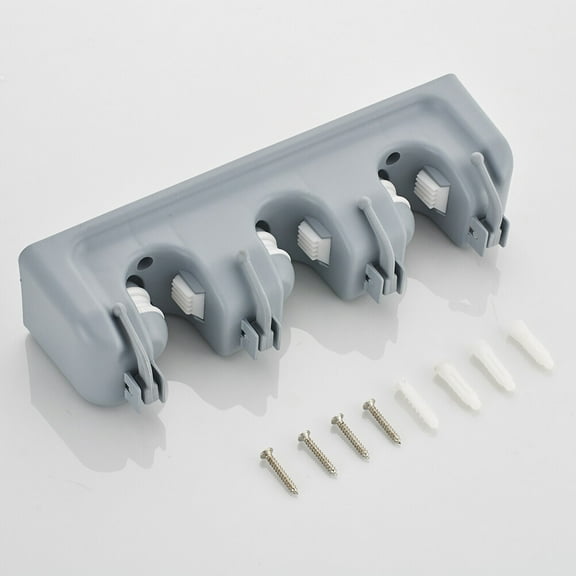 Mobestech Mop Hanger Wall Mounted Grey Plastic with 3 Positions and 4 Hooks for Kitchen Use
