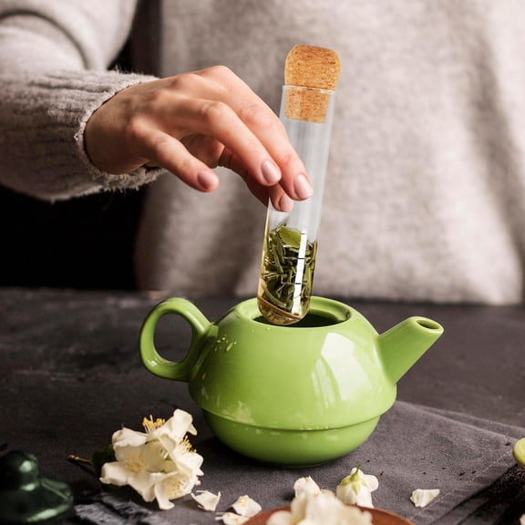 Mobestech Portable Glass Tea Infuser with Wooden Lid and Perforated Tube, Perfect for Home, Office, Travel, and Daily Use