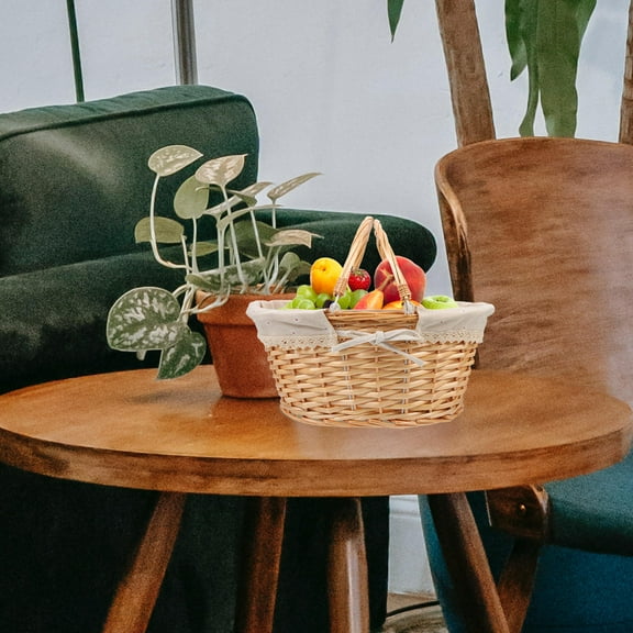 Mobestech Light Brown Woven Basket with Handle Outdoor Handheld Garden Gathering Basket