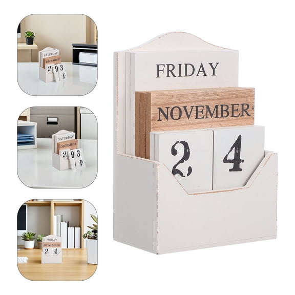 Mobestech Timeless Vintage White Wood Desk Calendar with Perpetual Block Date Display for Daily Use