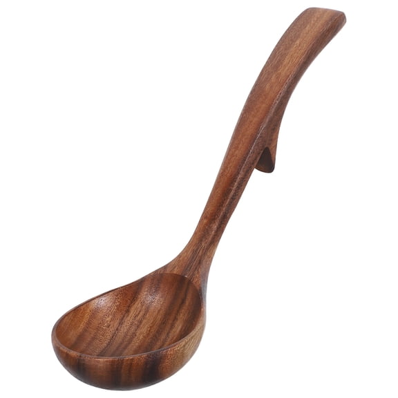 Mobestech Long Handle Acacia Wood Soup Ladle with Back Hook Large Non Stick Wooden Spoon for Kitchen Cooking