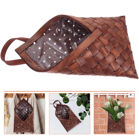 Mobestech Wood Hanging Basket Coffee Color for Wall Storage and Woven Flower Display Holder