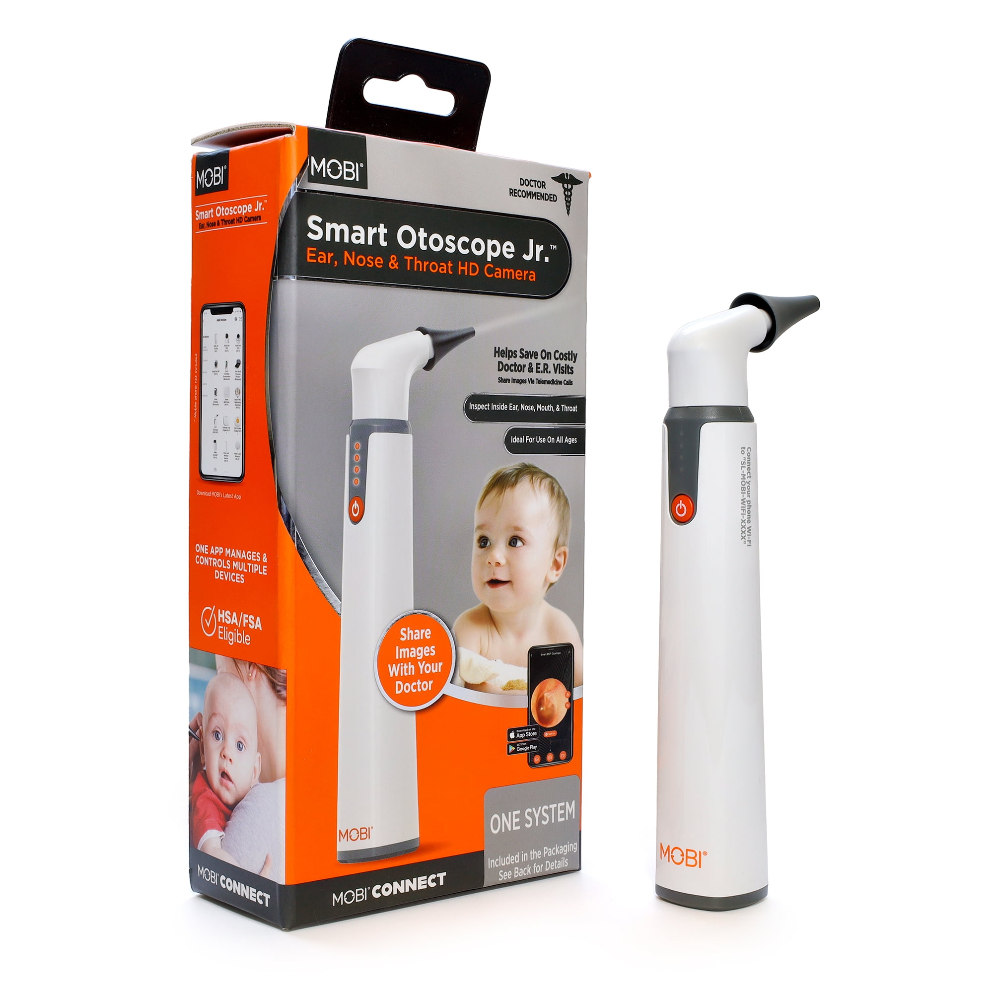 Mobi Ear, Nose & Throat Smart baby Otoscope Jr. with 1080P HD Camera & 6 LED Lights,1-pack
