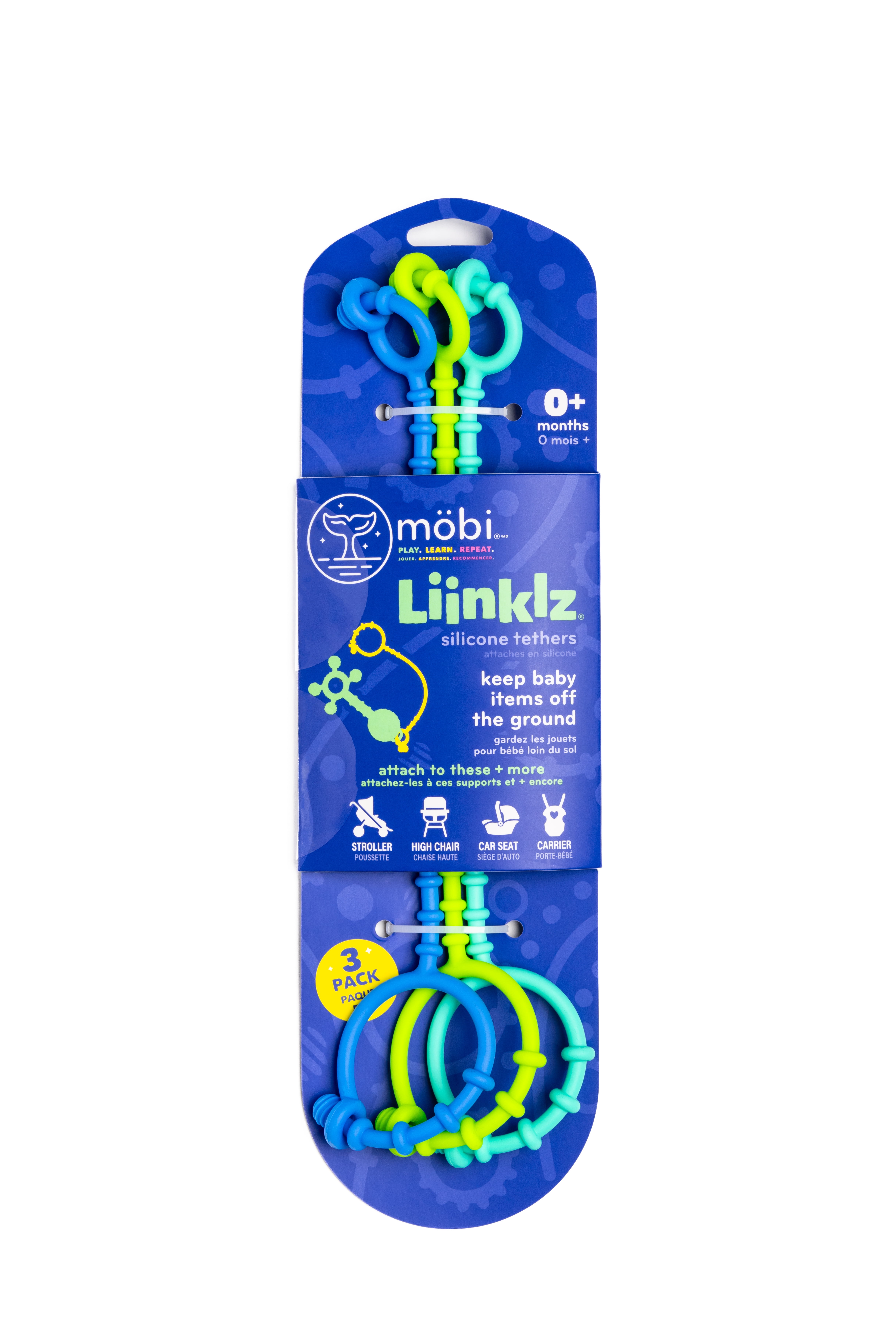 Mobi Liinklz Silicone Teether Soft Baby Toy Pacifier Straps for High Chair, Stroller, Car Seat and Carrier, 3-Pack, Cool