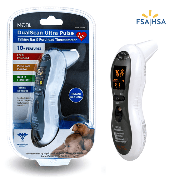 Mobi Ultra Pulse Ear & Forehead Digital Thermometer with Pulse Rate Monitor, Flashlight and Talking Readout in 3 languages