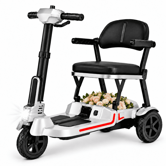 Mobigogo 3 Wheel Foldable Mobility Scooter for Seniors Women, 30 lbs Compact Lightweight Mobile for Travel,Airline‑Approved Dual Lithium Batteries, 20 Mile Range, Silver